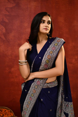 'Noorvi' Deep Midnight Blue Mushru Satin Banarasi Handloom Saree