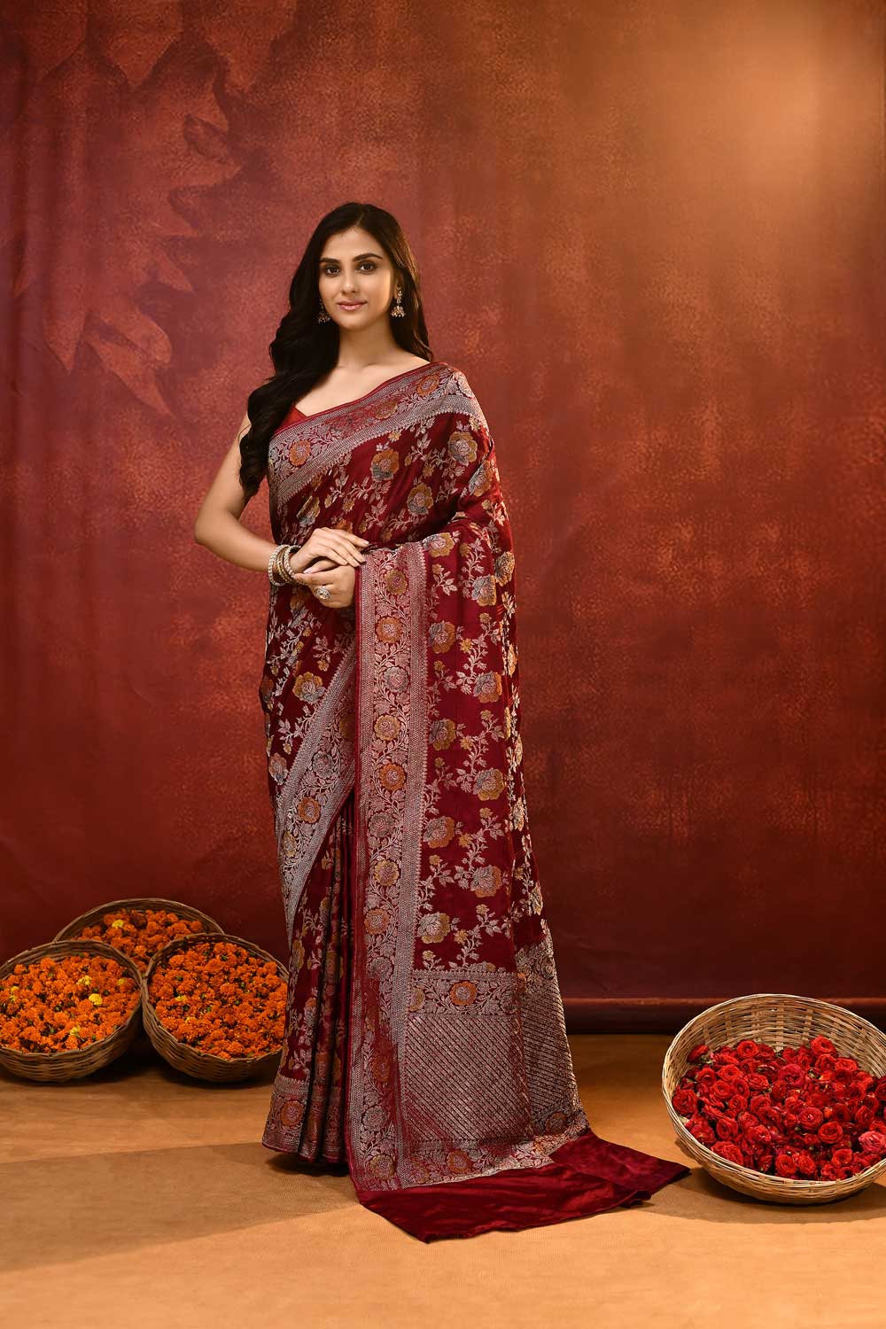 'Nayantara' Maroon Mushru Satin Meenakari Banarasi Handloom Saree