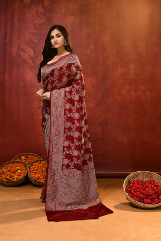 'Nayantara' Maroon Mushru Satin Meenakari Banarasi Handloom Saree