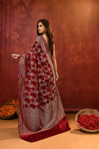 'Nayantara' Maroon Mushru Satin Meenakari Banarasi Handloom Saree