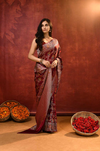 'Nayantara' Maroon Mushru Satin Meenakari Banarasi Handloom Saree