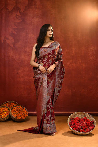 'Nayantara' Maroon Mushru Satin Meenakari Banarasi Handloom Saree