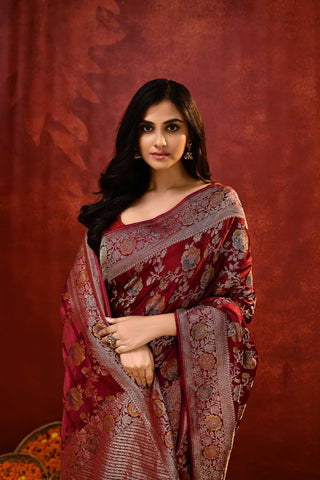 'Nayantara' Maroon Mushru Satin Meenakari Banarasi Handloom Saree