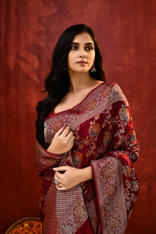 'Nayantara' Maroon Mushru Satin Meenakari Banarasi Handloom Saree