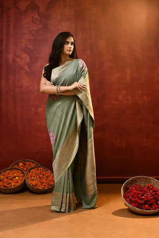 'Paisley Dreams' Dusty Green Pure Tussar Kadhua Meenakari Banarasi Handloom Saree