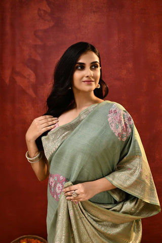 'Paisley Dreams' Dusty Green Pure Tussar Kadhua Meenakari Banarasi Handloom Saree