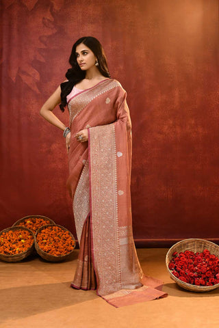 'Jasmine' Rose Pink Pure Tussar Banarasi Handloom Saree