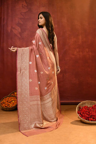 'Jasmine' Rose Pink Pure Tussar Banarasi Handloom Saree