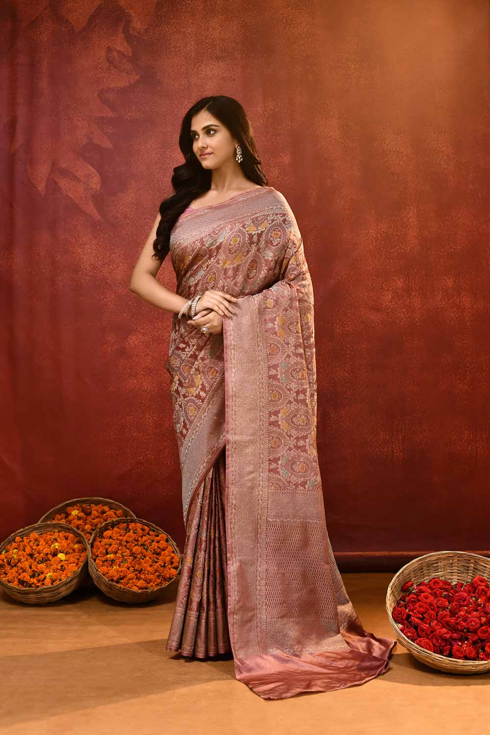 'Hunar' Old Rose Gold Mushru Satin of Banarasi Handloom Saree