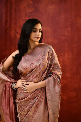 'Hunar' Old Rose Gold Mushru Satin of Banarasi Handloom Saree