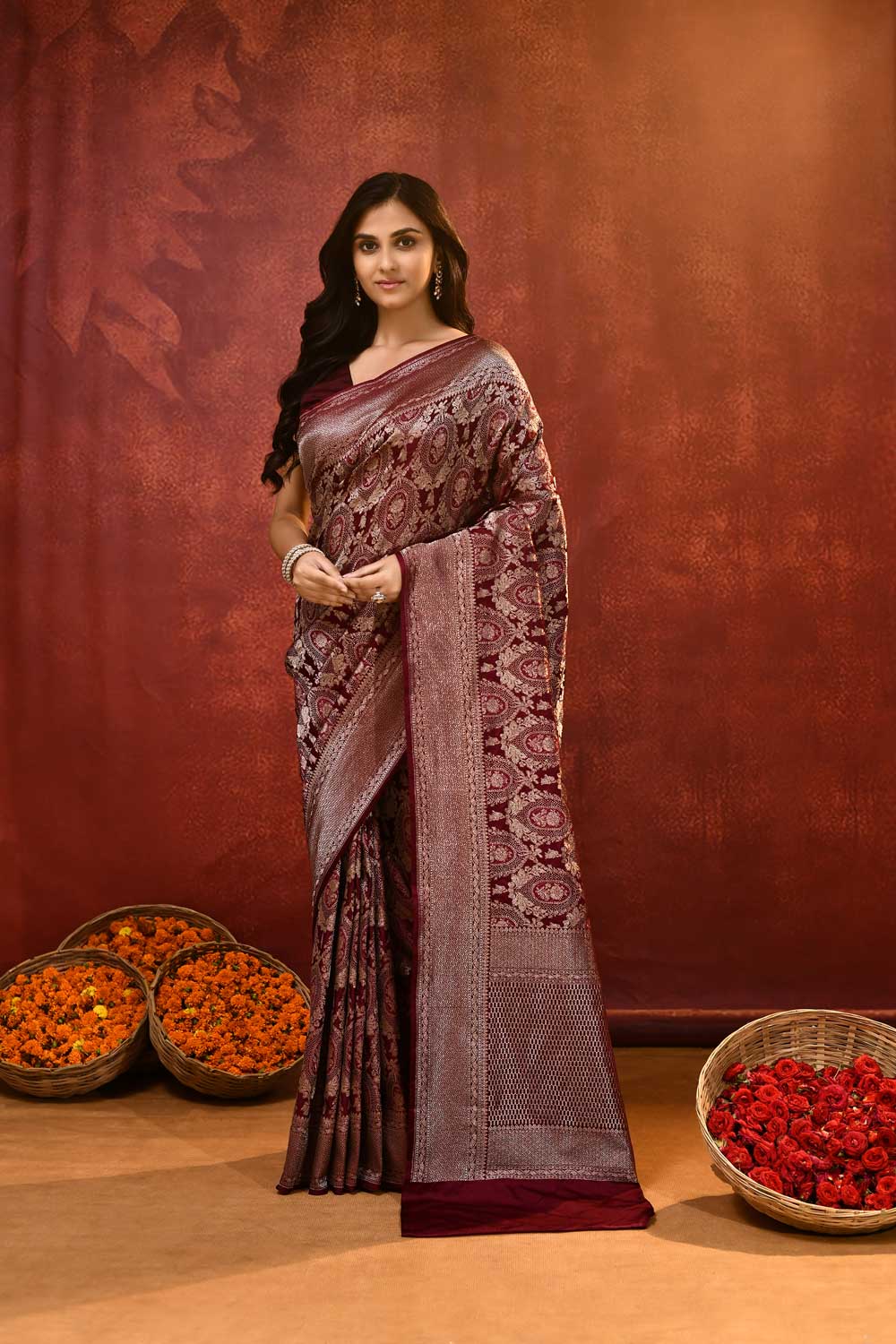 'Hunar' Cherry Wine Mushru Satin Meenakari Banarasi Handloom Saree