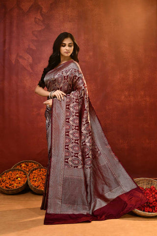 'Hunar' Cherry Wine Mushru Satin Meenakari Banarasi Handloom Saree