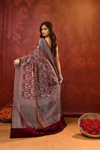 'Hunar' Cherry Wine Mushru Satin Meenakari Banarasi Handloom Saree