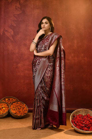 'Hunar' Cherry Wine Mushru Satin Meenakari Banarasi Handloom Saree