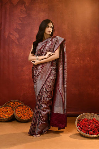 'Hunar' Cherry Wine Mushru Satin Meenakari Banarasi Handloom Saree