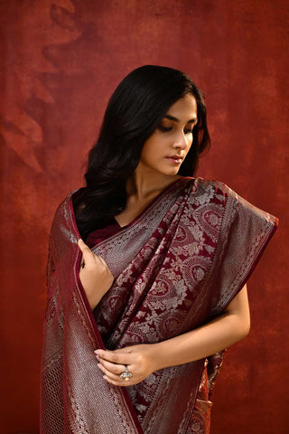 'Hunar' Cherry Wine Mushru Satin Meenakari Banarasi Handloom Saree