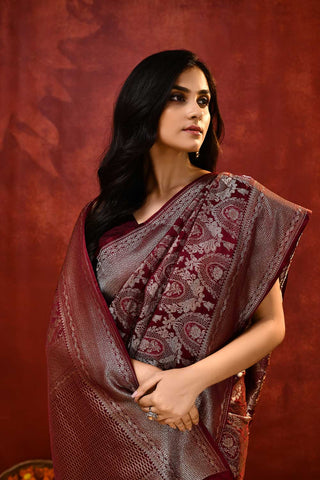 'Hunar' Cherry Wine Mushru Satin Meenakari Banarasi Handloom Saree