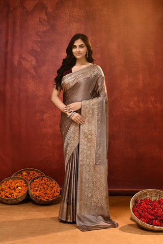 'Lekha' Soft Mouse Grey Mushru Satin Banarasi Handloom saree