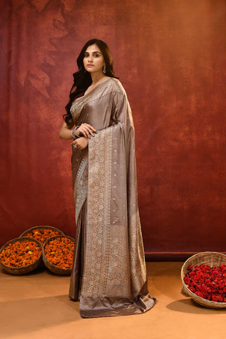 'Lekha' Soft Mouse Grey Mushru Satin Banarasi Handloom saree