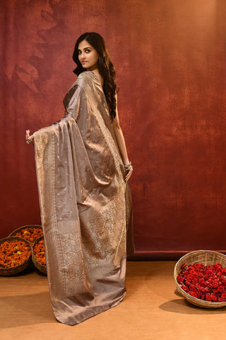 'Lekha' Soft Mouse Grey Mushru Satin Banarasi Handloom saree