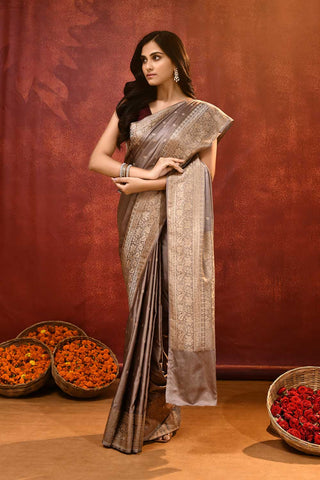 'Lekha' Soft Mouse Grey Mushru Satin Banarasi Handloom saree