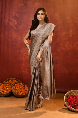 'Lekha' Soft Mouse Grey Mushru Satin Banarasi Handloom saree