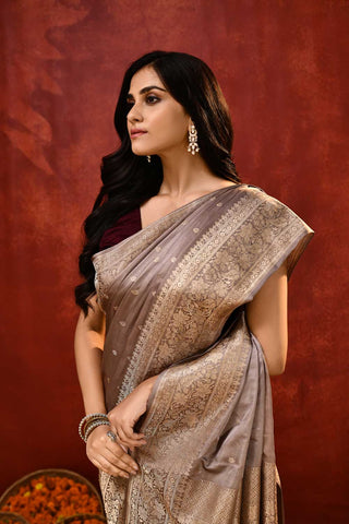 'Lekha' Soft Mouse Grey Mushru Satin Banarasi Handloom saree