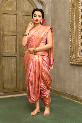 Pink- Peach Rangkat Pure Katan Chiniya Silk Banarasi Handloom Saree With Striped Patterned Body And Tanchoi Border