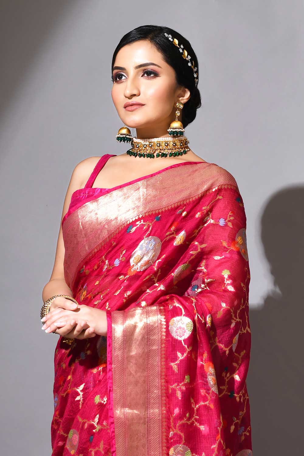 Rani Pink Pure Kota Check Banarasi Handloom Saree With Blouse