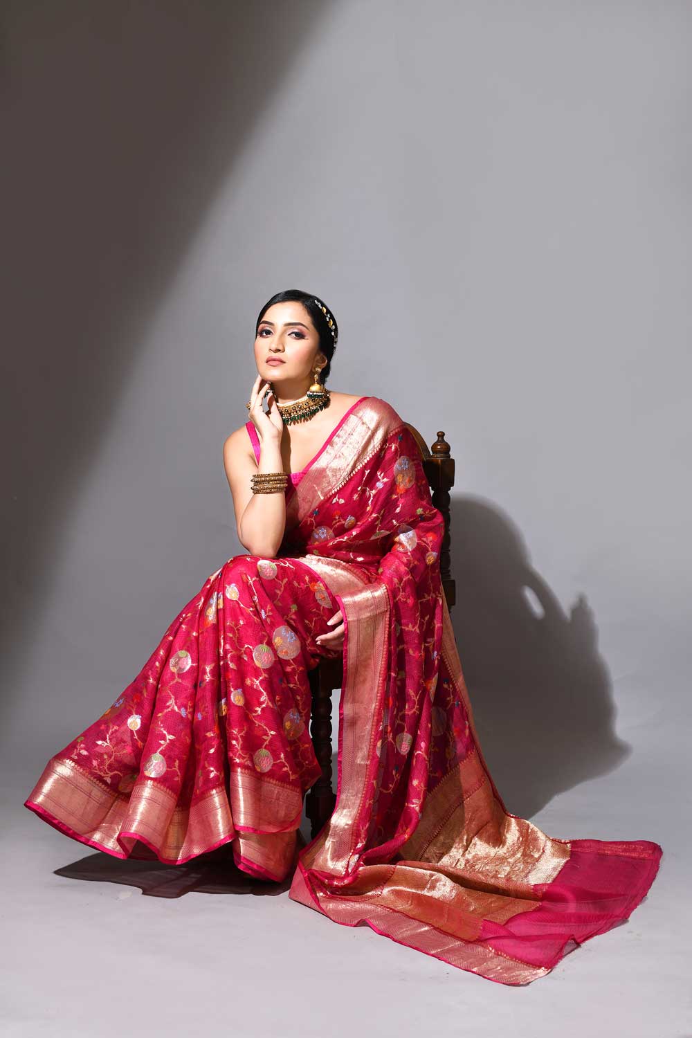 Rani Pink Pure Kota Check Banarasi Handloom Saree With Meenakari Jaal