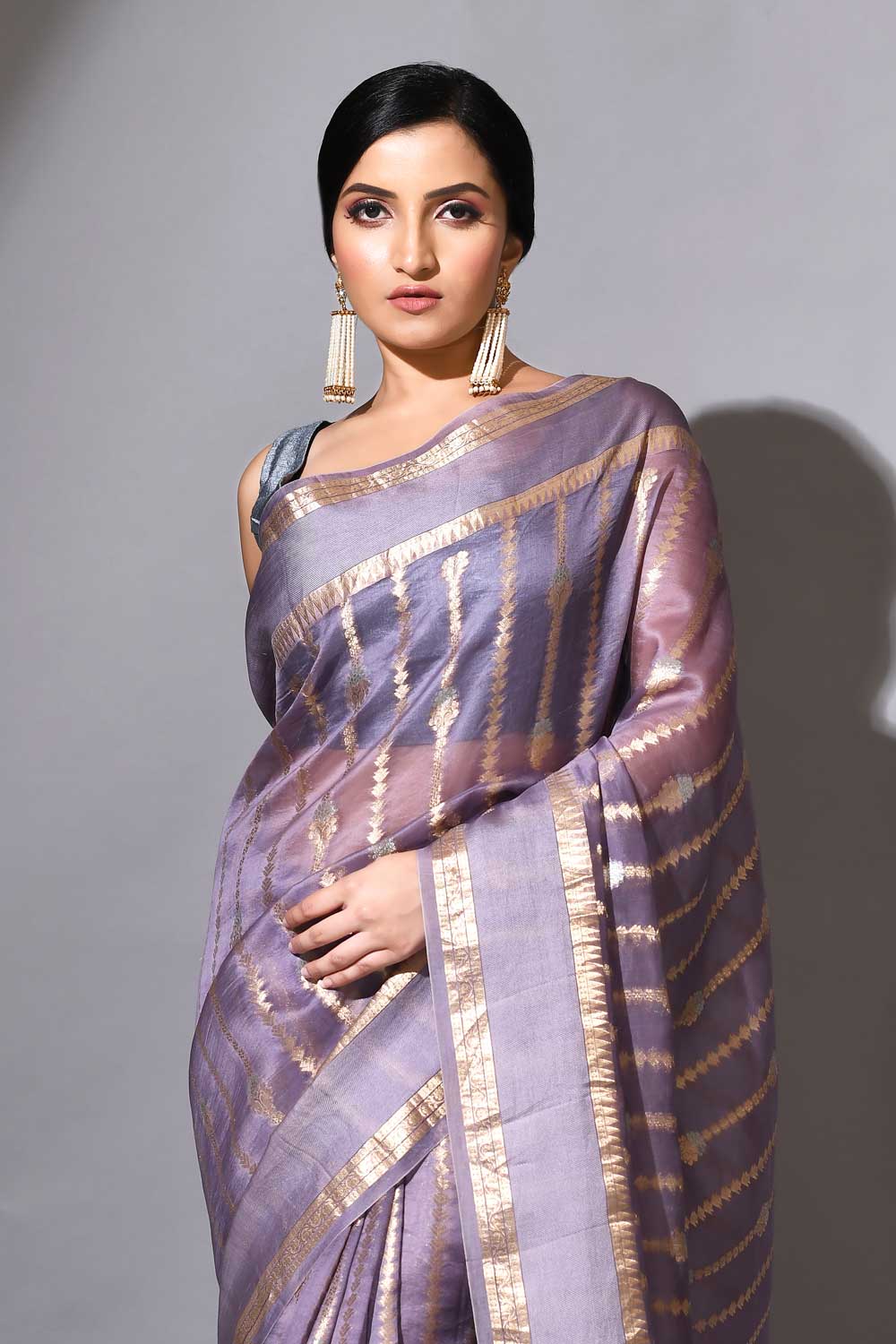 Grey Pure Kora Organza Banarasi Handloom Silk Saree With Contemporary Striped Body