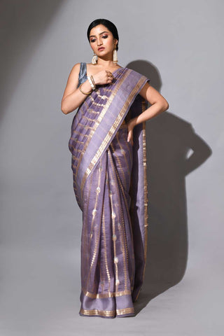 Grey Pure Kora Organza Banarasi Handloom Silk Saree With Contemporary Striped Body