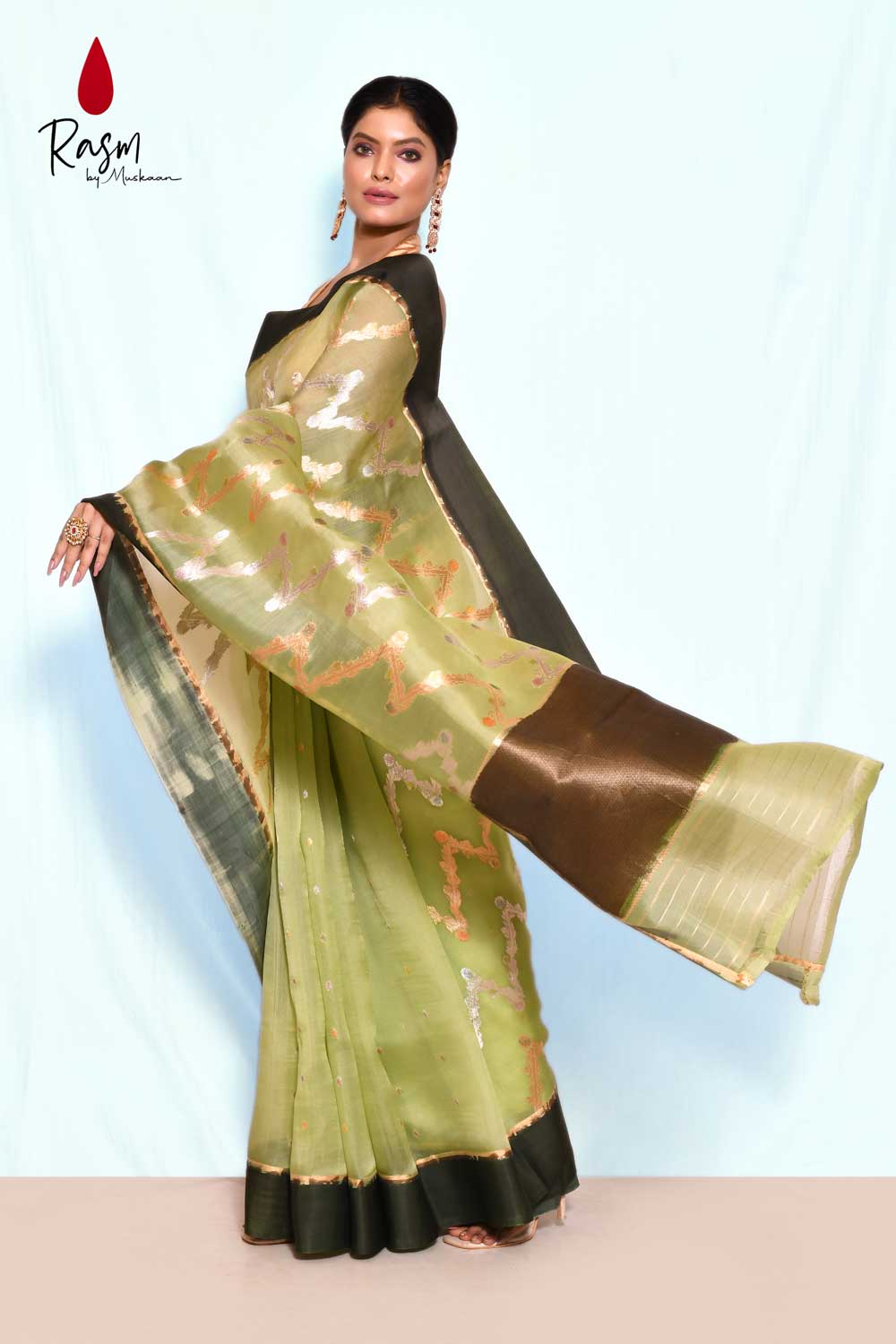Pure Kora Organza Banarasi Handloom Silk Saree With Modern Contemporary Body Handwoven In Ropa And Sona Zari