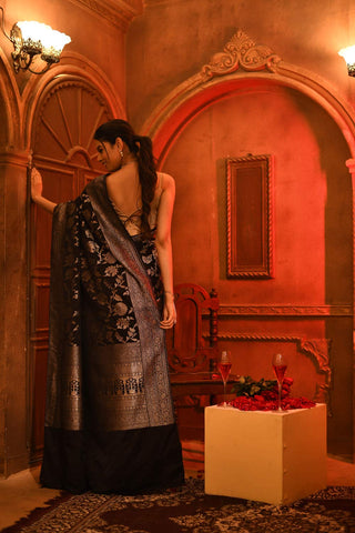 Black Mushru Satin Banarasi Handloom Saree With All Over Silver Jaal Pattern