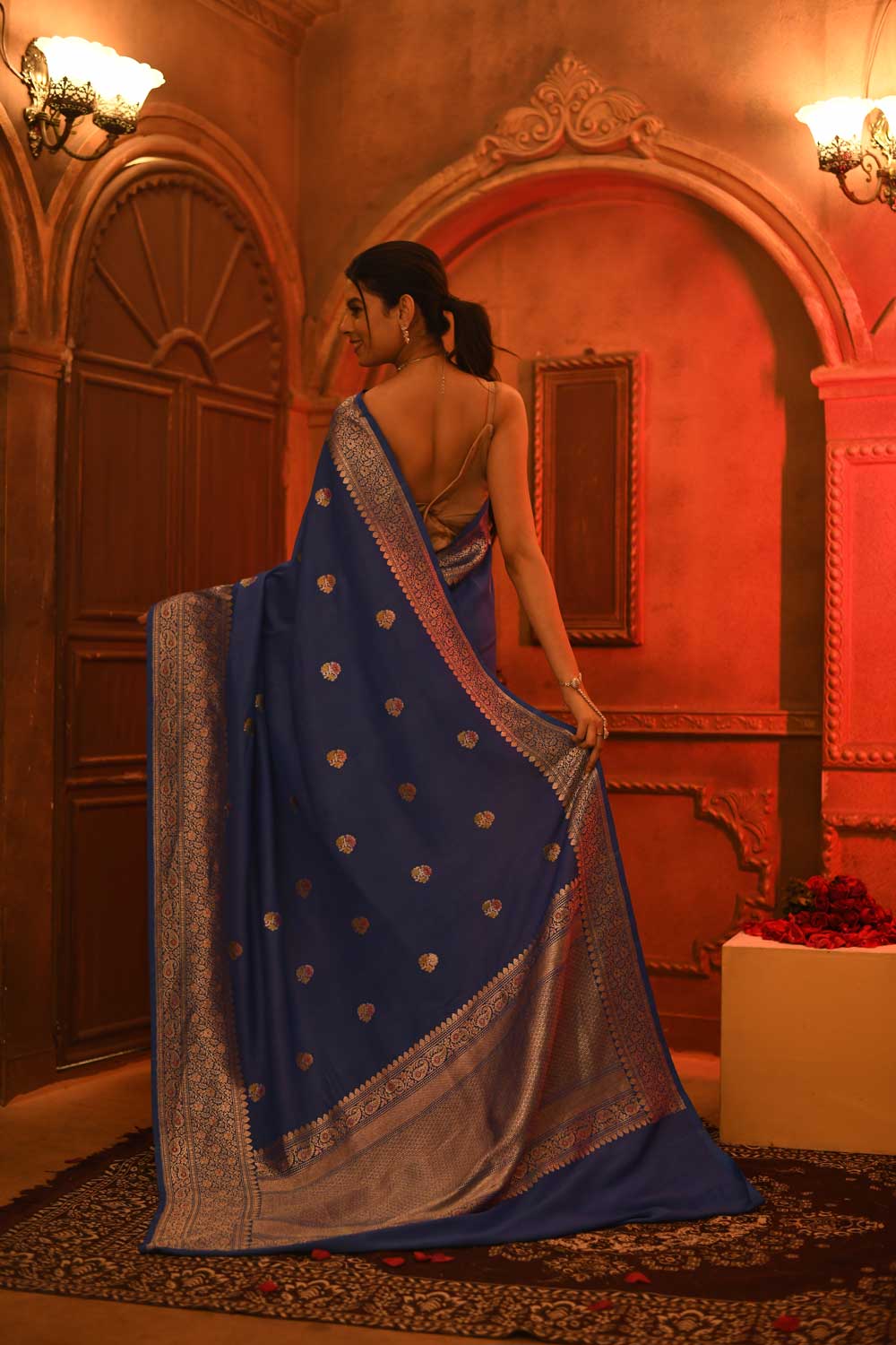 Deep Sky Blue Pure Tussar Georgette Silk Banaras Handloom Saree With Blouse With Gold-silver Kadhua Boota And Meenakari Border