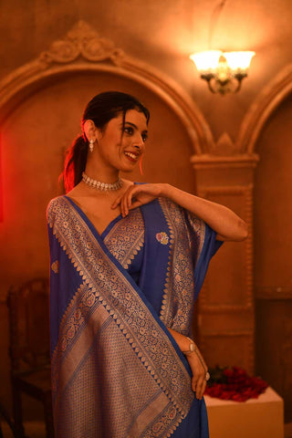 Deep Sky Blue Pure Tussar Georgette Silk Banaras Handloom Saree With Blouse With Gold-silver Kadhua Boota And Meenakari Border