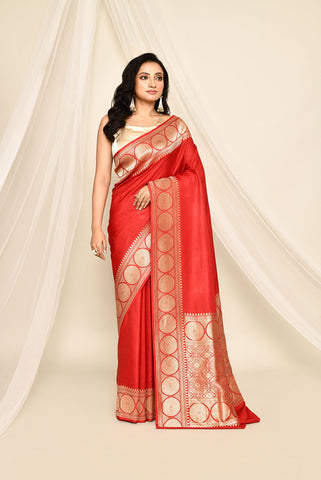 'Lalima' Red Pure Katan Mushru Silk Banarasi Handloom Saree