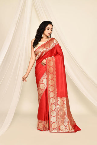 'Lalima' Red Pure Katan Mushru Silk Banarasi Handloom Saree