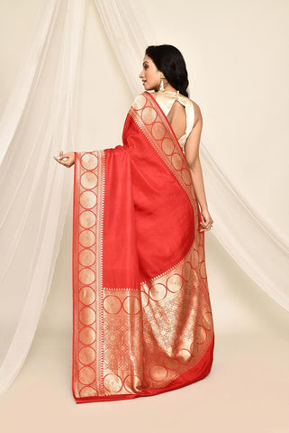 'Lalima' Red Pure Katan Mushru Silk Banarasi Handloom Saree