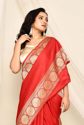 'Lalima' Red Pure Katan Mushru Silk Banarasi Handloom Saree