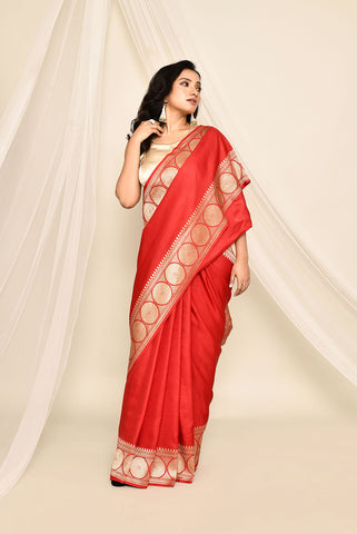 'Lalima' Red Pure Katan Mushru Silk Banarasi Handloom Saree