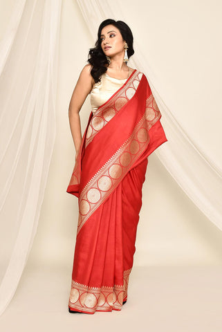 'Lalima' Red Pure Katan Mushru Silk Banarasi Handloom Saree