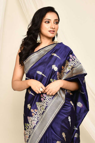 'Neelkari' Deep Blue Pure Katan Silk Banarasi Handloom Saree with Kadhua Meenakari Boota and Border