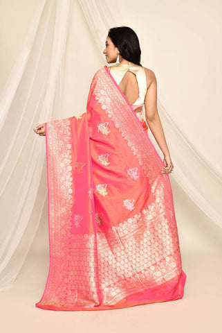 'Gulrani' Orange - Pink Pure Katan Silk Banarasi Handloom Saree with Kadhua Meenakari Boota