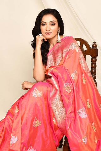 'Gulrani' Orange - Pink Pure Katan Silk Banarasi Handloom Saree with Kadhua Meenakari Boota