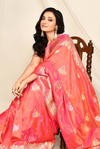 'Gulrani' Orange - Pink Pure Katan Silk Banarasi Handloom Saree with Kadhua Meenakari Boota