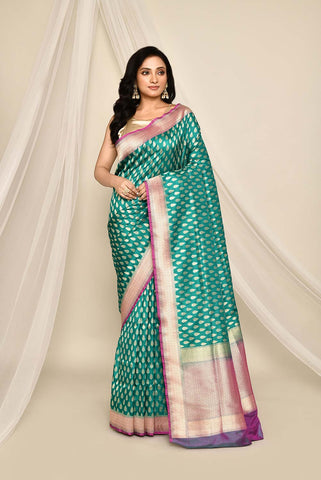 Handloom Persian Green Pure Katan Silk Banarasi Handloom Saree with Contrast Border