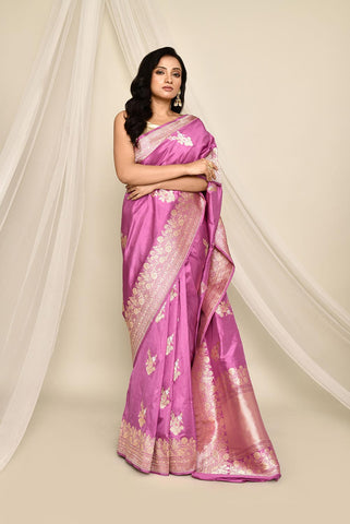 'Adaa' Lilac Pink Pure Katan Silk Banarasi Handloom Saree with Meenakari Kadhua Boota