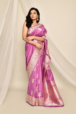 'Adaa' Lilac Pink Pure Katan Silk Banarasi Handloom Saree with Meenakari Kadhua Boota