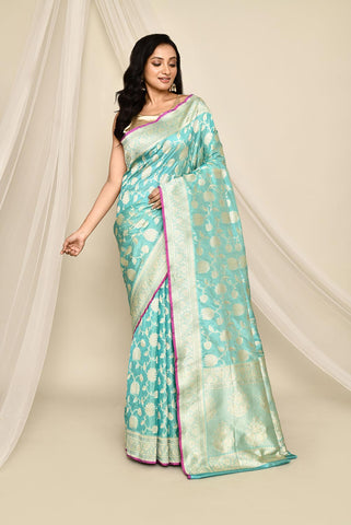 Handloom 'Arctic Blue' Pure Katan Silk Banarasi Handloom Saree with all over Jaal and contrast selvedge